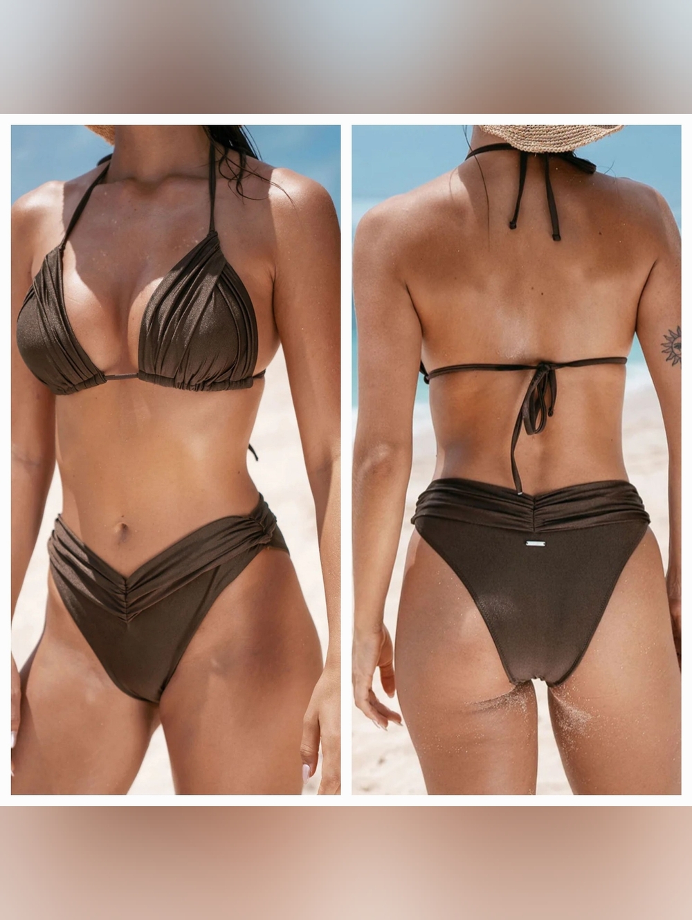 NWT $76 Berlook Dark Coffee Brown Ruched Bikini Set, Large